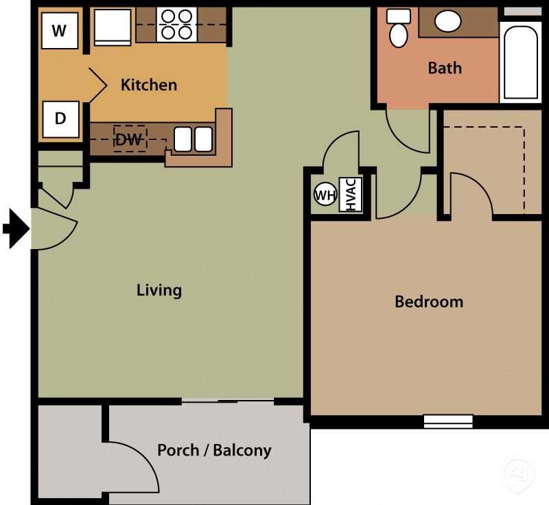 Floor plan for 1 bed, 1 bath, 919 sqft